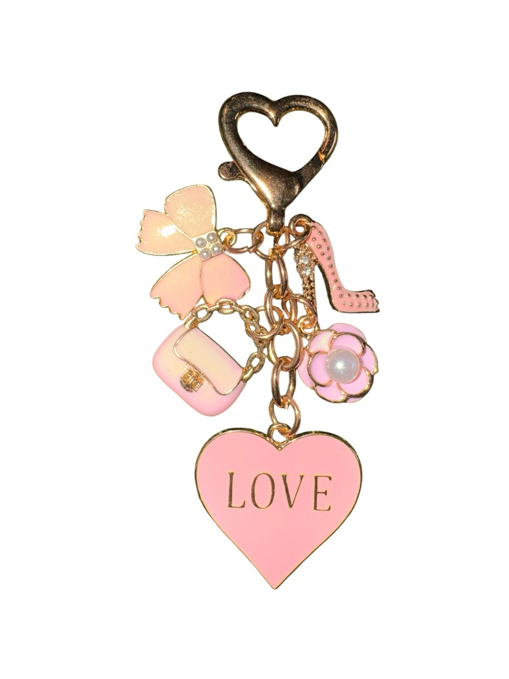 Pink Heart 'LOVE' Charm Keychain with Bow, Purse & Flower